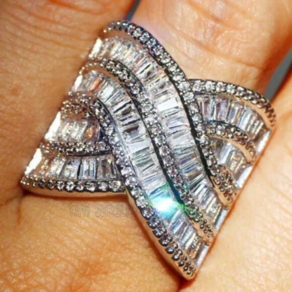 White Sapphire CZ Wide Band Statement Ring – Bold, Sparkling, Sizes 6 and 8 - Picture 1 of 12
